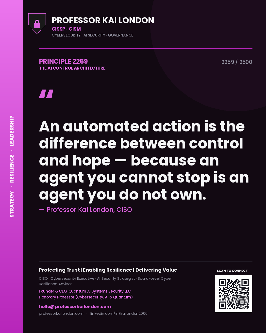 Quote card by Professor Kai London reading 'An automated action is the difference between control and hope — because an agent you cannot stop is an agent you do not own.'. From the book The AI Control Architecture.