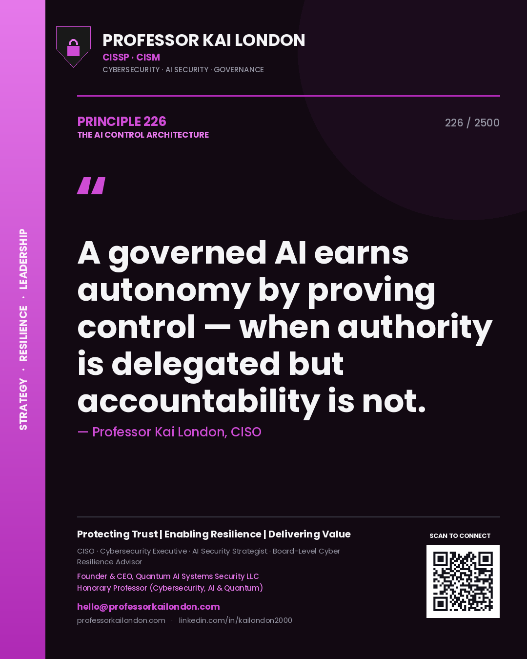 Quote card by Professor Kai London reading 'A governed AI earns autonomy by proving control — when authority is delegated but accountability is not.'. From the book The AI Control Architecture.