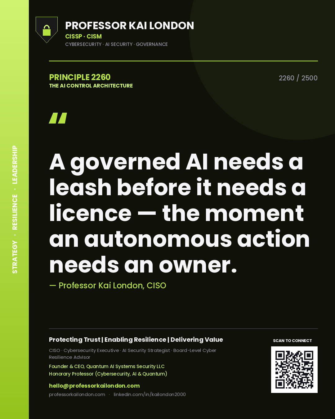 Quote card by Professor Kai London reading 'A governed AI needs a leash before it needs a licence — the moment an autonomous action needs an owner.'. From the book The AI Control Architecture.
