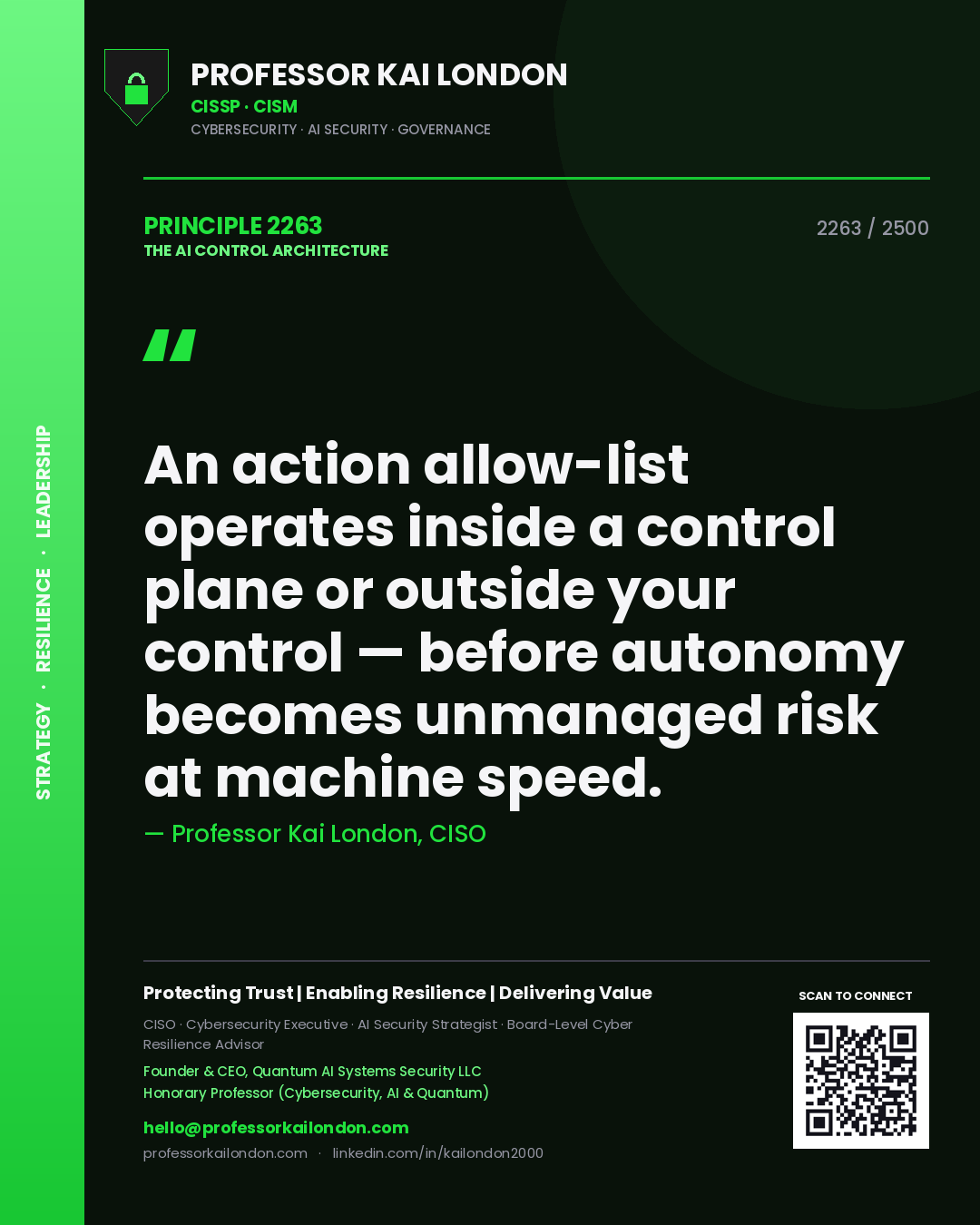 Quote card by Professor Kai London reading 'An action allow-list operates inside a control plane or outside your control — before autonomy becomes unmanaged risk at machine speed.'. From the book The AI Control Architecture.