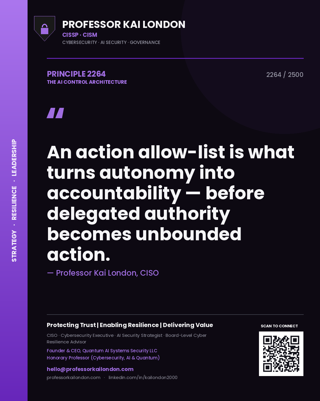 Quote card by Professor Kai London reading 'An action allow-list is what turns autonomy into accountability — before delegated authority becomes unbounded action.'. From the book The AI Control Architecture.