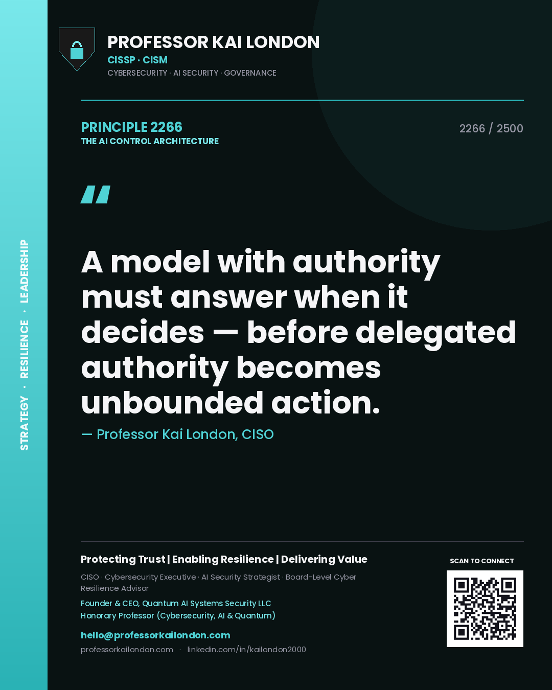 Quote card by Professor Kai London reading 'A model with authority must answer when it decides — before delegated authority becomes unbounded action.'. From the book The AI Control Architecture.