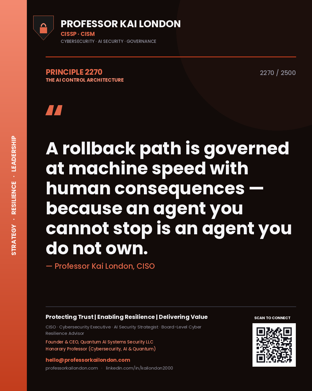 Quote card by Professor Kai London reading 'A rollback path is governed at machine speed with human consequences — because an agent you cannot stop is an agent you do not own.'. From the book The AI Control Architecture.
