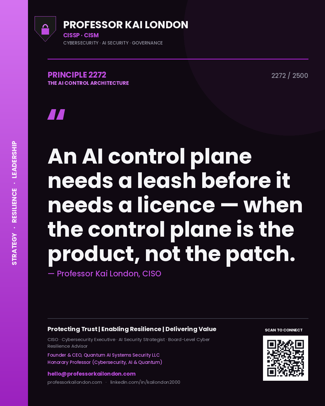 Quote card by Professor Kai London reading 'An AI control plane needs a leash before it needs a licence — when the control plane is the product, not the patch.'. From the book The AI Control Architecture.