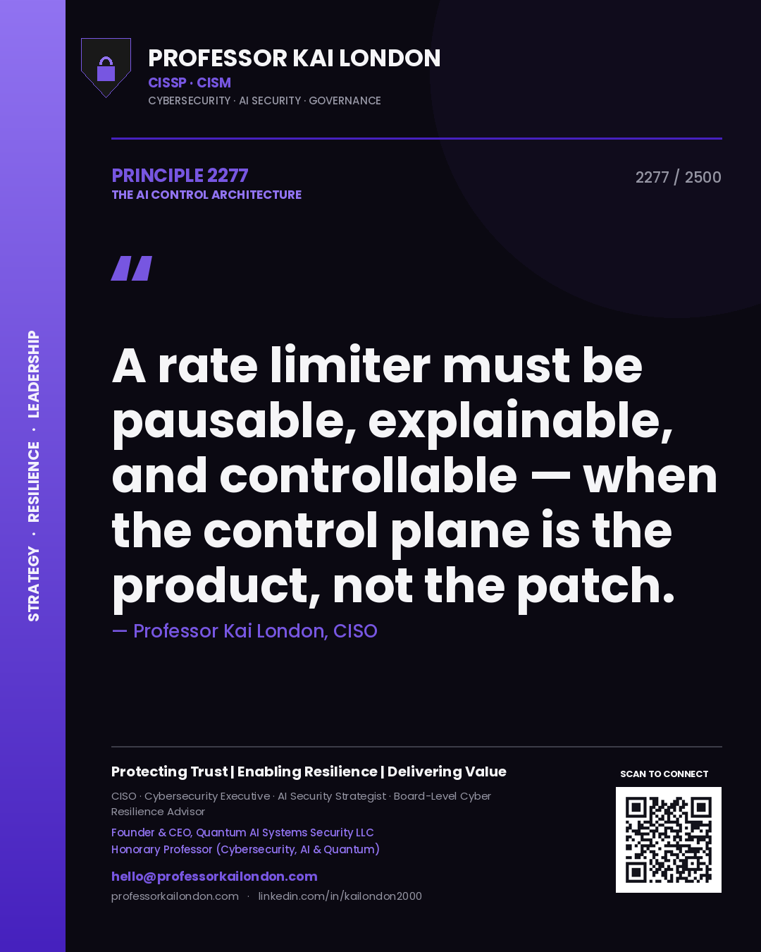 Quote card by Professor Kai London reading 'A rate limiter must be pausable, explainable, and controllable — when the control plane is the product, not the patch.'. From the book The AI Control Architecture.