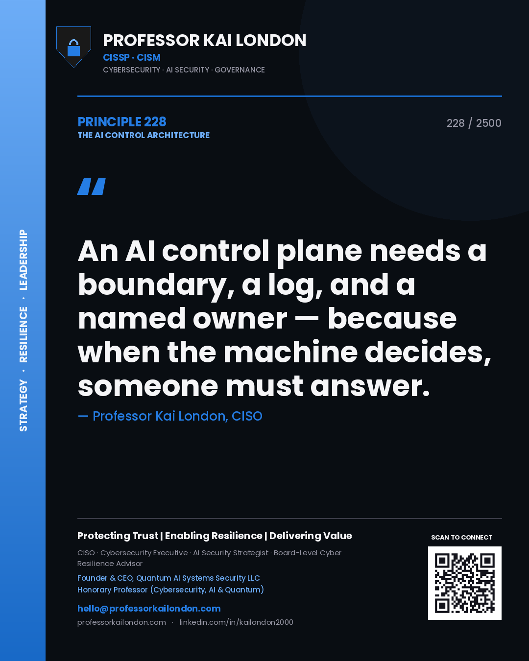 Quote card by Professor Kai London reading 'An AI control plane needs a boundary, a log, and a named owner — because when the machine decides, someone must answer.'. From the book The AI Control Architecture.