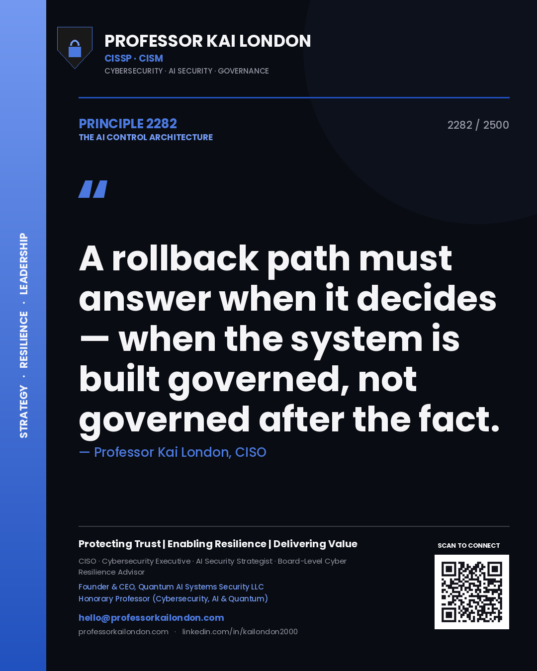 Quote card by Professor Kai London reading 'A rollback path must answer when it decides — when the system is built governed, not governed after the fact.'. From the book The AI Control Architecture.