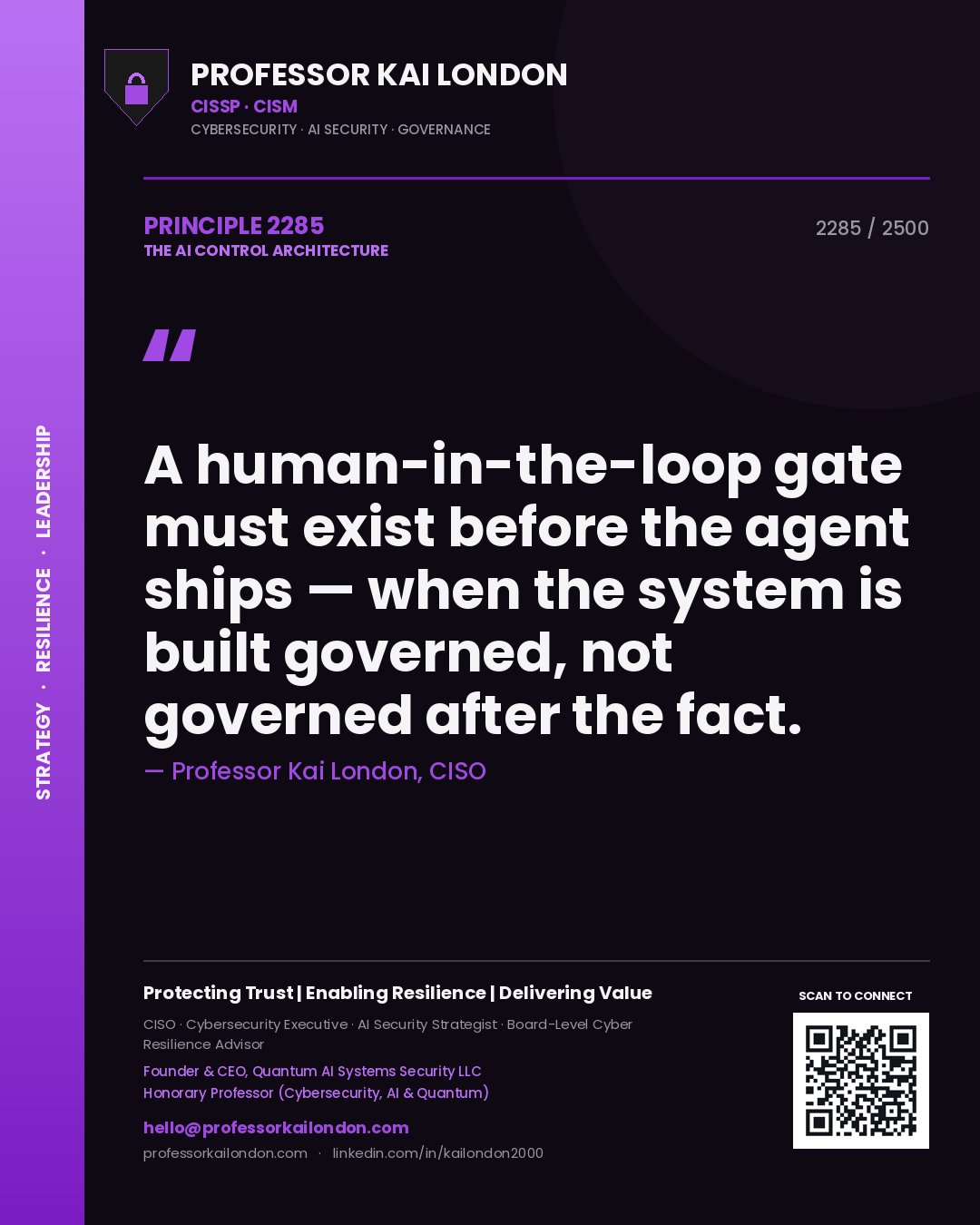 Quote card by Professor Kai London reading 'A human-in-the-loop gate must exist before the agent ships — when the system is built governed, not governed after the fact.'. From the book The AI Control Architecture.