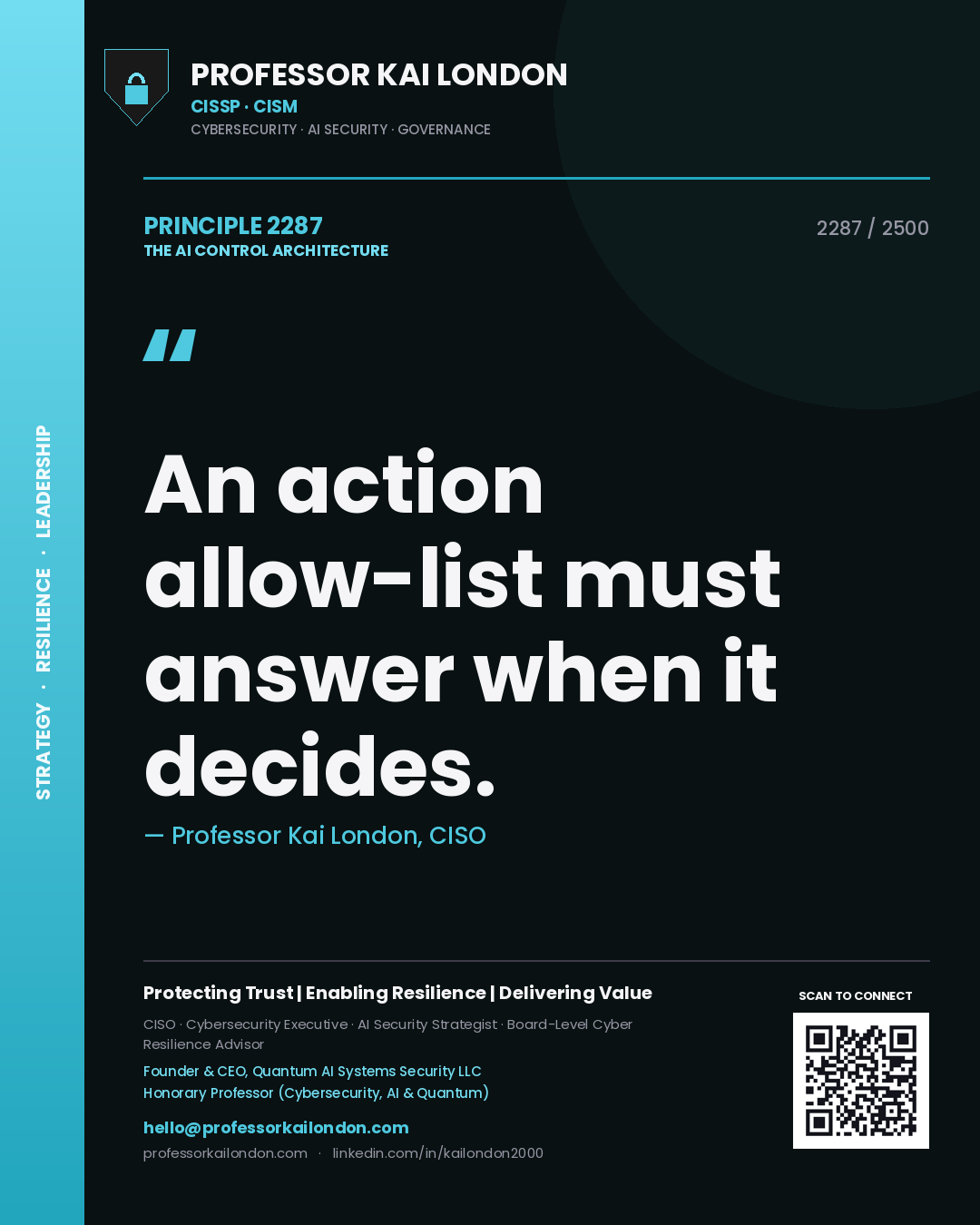 Quote card by Professor Kai London reading 'An action allow-list must answer when it decides.'. From the book The AI Control Architecture.
