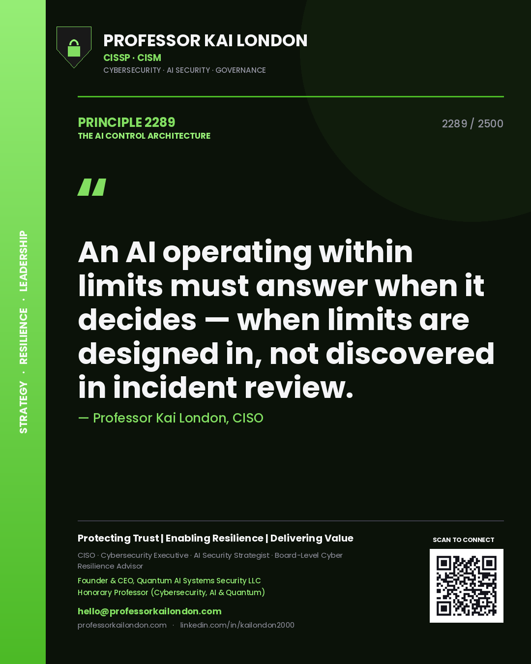 Quote card by Professor Kai London reading 'An AI operating within limits must answer when it decides — when limits are designed in, not discovered in incident review.'. From the book The AI Control Architecture.