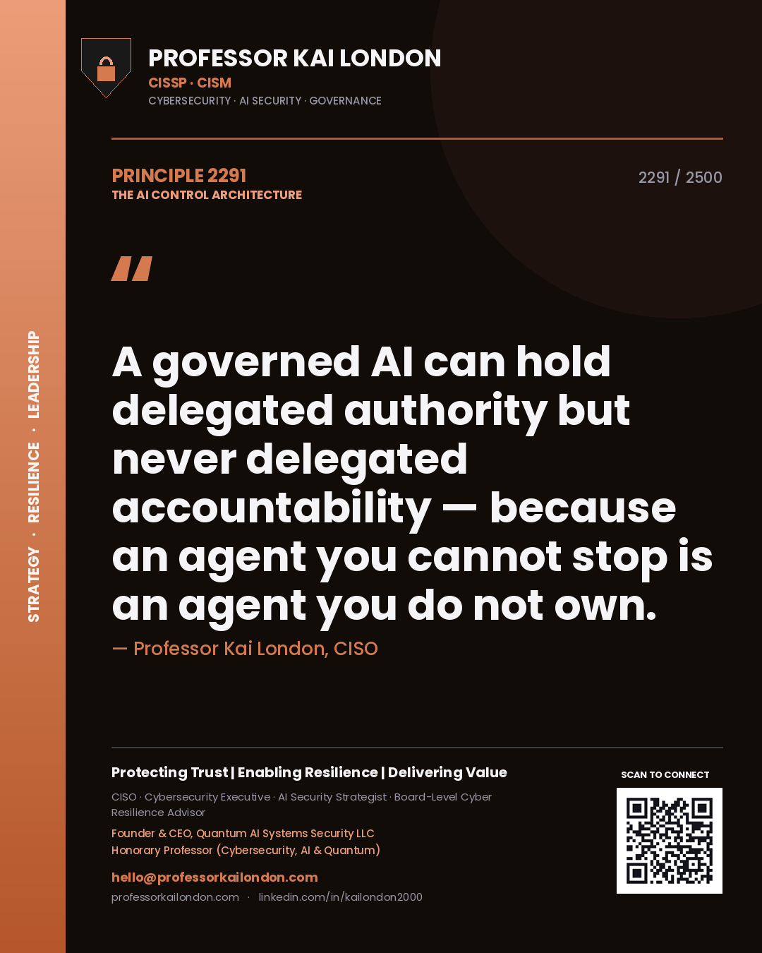Quote card by Professor Kai London reading 'A governed AI can hold delegated authority but never delegated accountability — because an agent you cannot stop is an agent you do not own.'. From the book The AI Control Architecture.