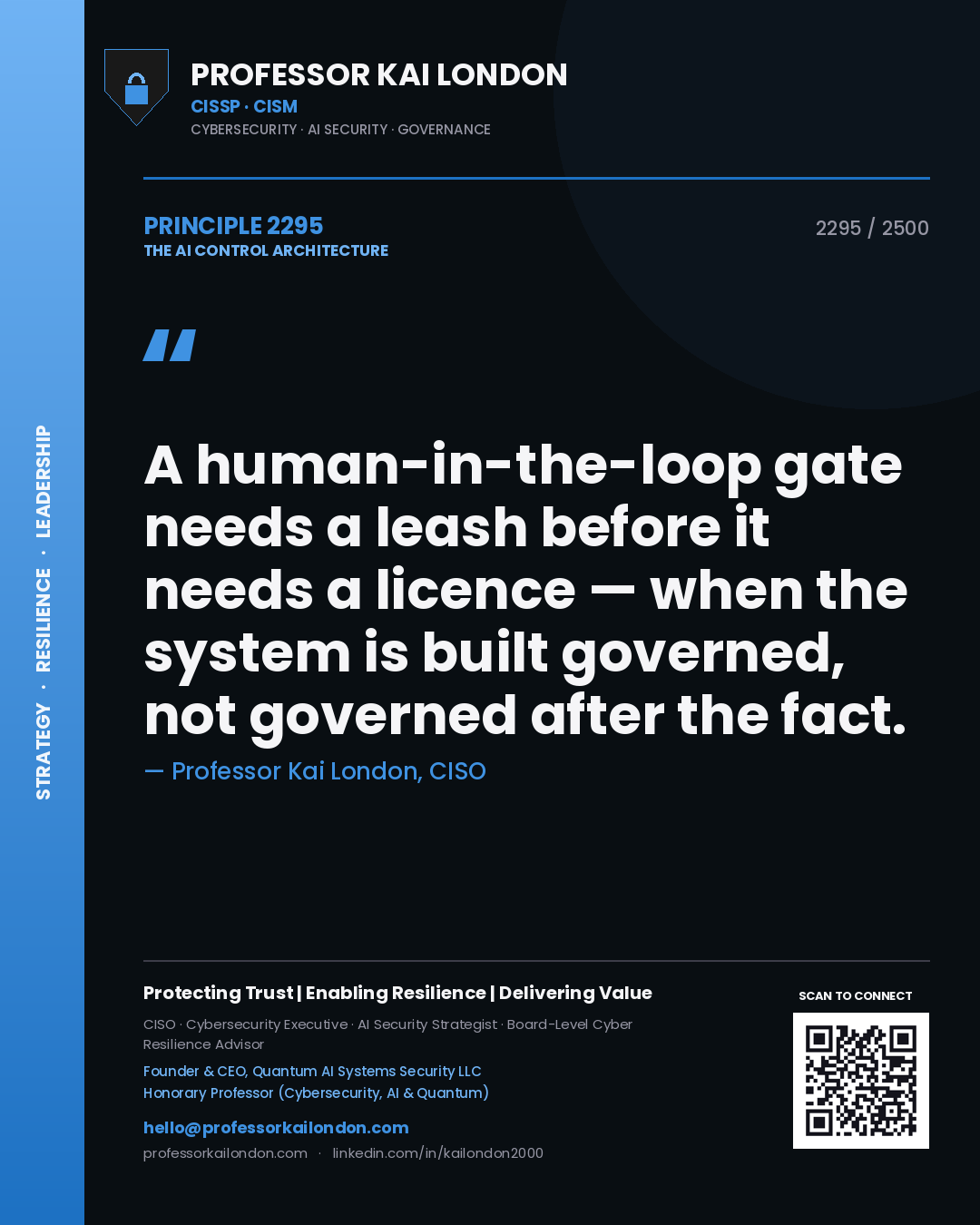 Quote card by Professor Kai London reading 'A human-in-the-loop gate needs a leash before it needs a licence — when the system is built governed, not governed after the fact.'. From the book The AI Control Architecture.