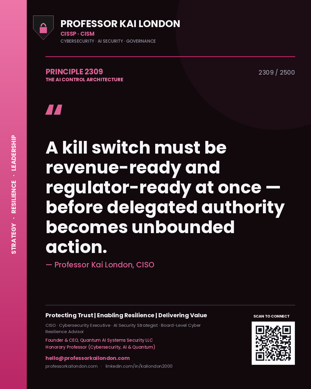 Quote card by Professor Kai London reading 'A kill switch must be revenue-ready and regulator-ready at once — before delegated authority becomes unbounded action.'. From the book The AI Control Architecture.