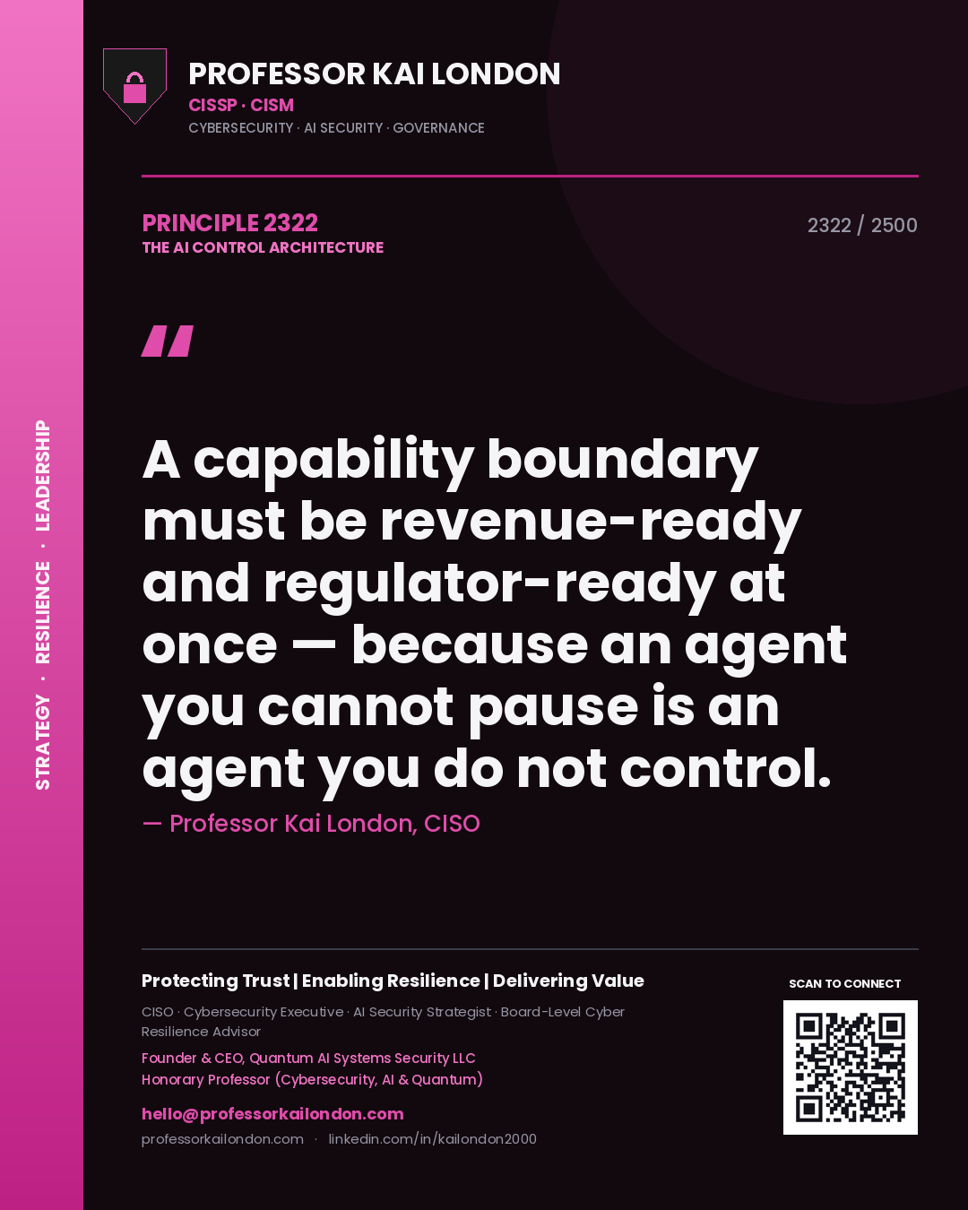 Quote card by Professor Kai London reading 'A capability boundary must be revenue-ready and regulator-ready at once — because an agent you cannot pause is an agent you do not control.'. From the book The AI Control Architecture.