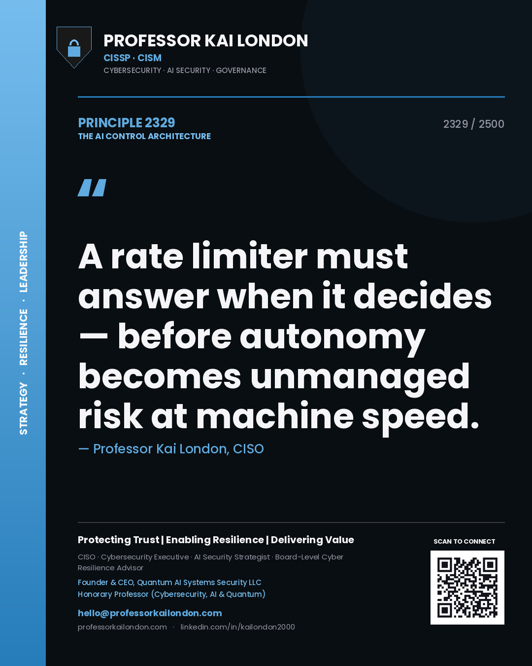 Professor Kai London principle 2329: A rate limiter must answer when it decides — before autonomy becomes unmanaged risk at machine speed.
