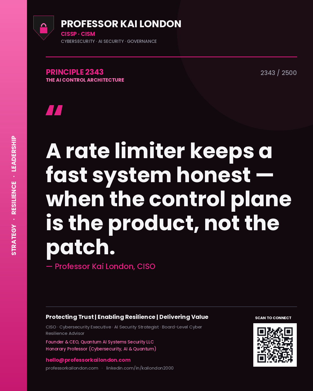 Quote card by Professor Kai London reading 'A rate limiter keeps a fast system honest — when the control plane is the product, not the patch.'. From the book The AI Control Architecture.