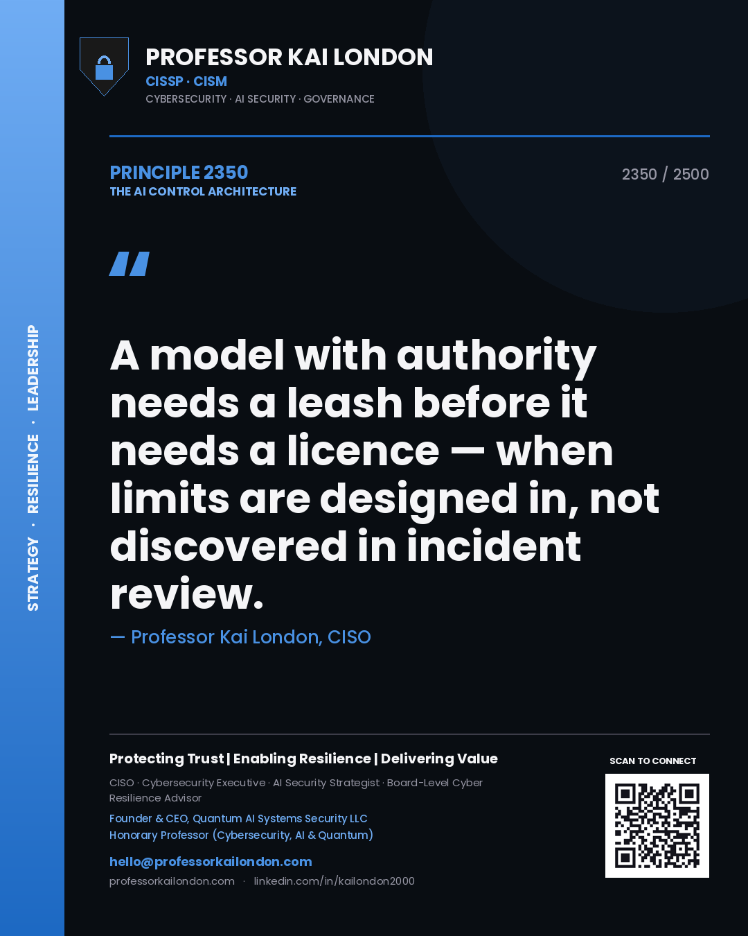 Quote card by Professor Kai London reading 'A model with authority needs a leash before it needs a licence — when limits are designed in, not discovered in incident review.'. From the book The AI Control Architecture.