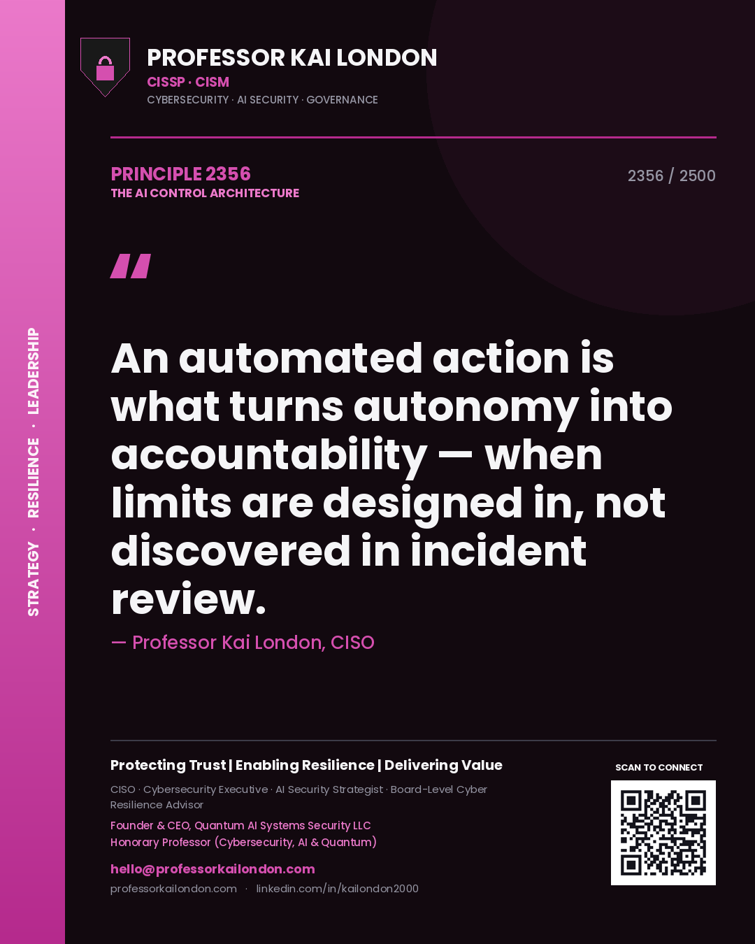 Quote card by Professor Kai London reading 'An automated action is what turns autonomy into accountability — when limits are designed in, not discovered in incident review.'. From the book The AI Control Architecture.