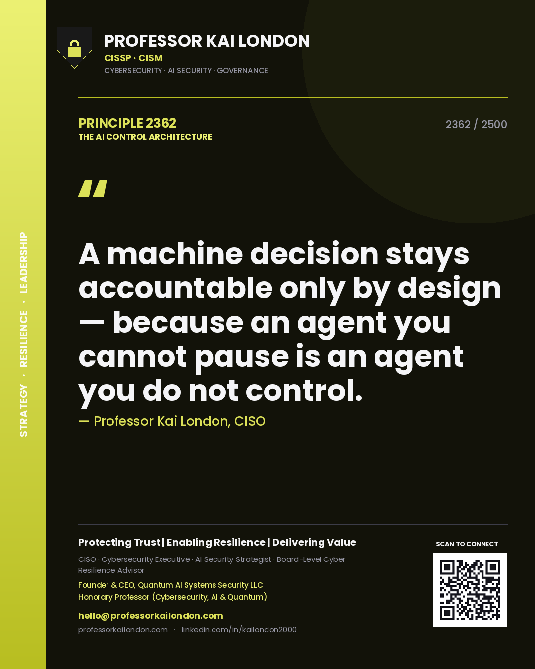 Quote card by Professor Kai London reading 'A machine decision stays accountable only by design — because an agent you cannot pause is an agent you do not control.'. From the book The AI Control Architecture.