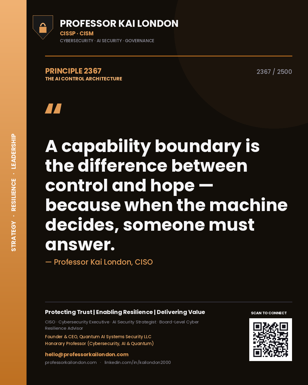 Quote card by Professor Kai London reading 'A capability boundary is the difference between control and hope — because when the machine decides, someone must answer.'. From the book The AI Control Architecture.