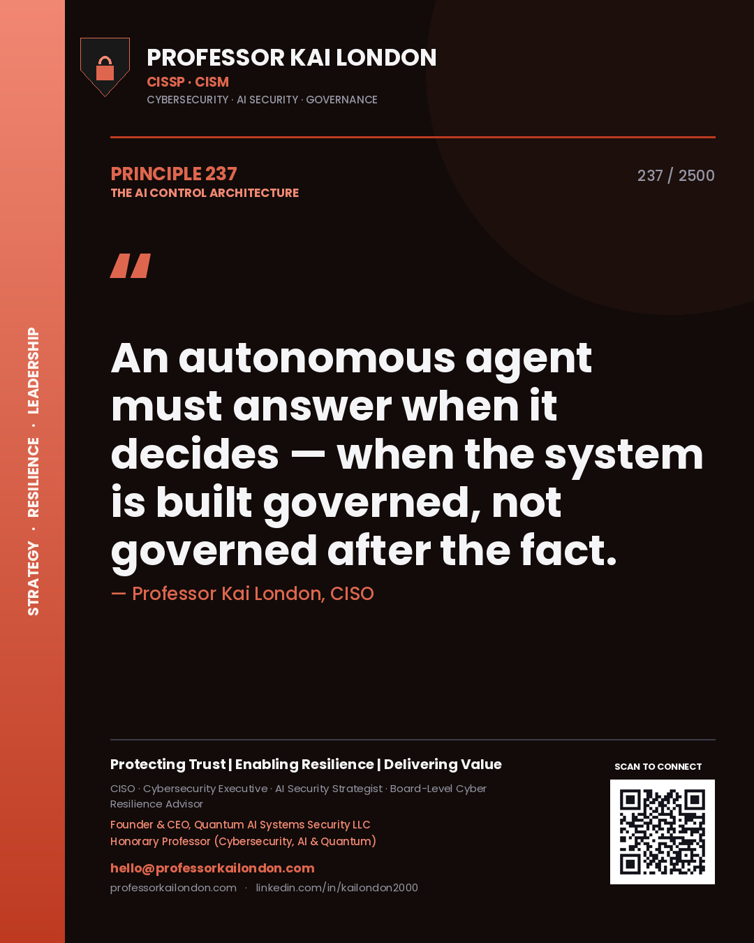Quote card by Professor Kai London reading 'An autonomous agent must answer when it decides — when the system is built governed, not governed after the fact.'. From the book The AI Control Architecture.