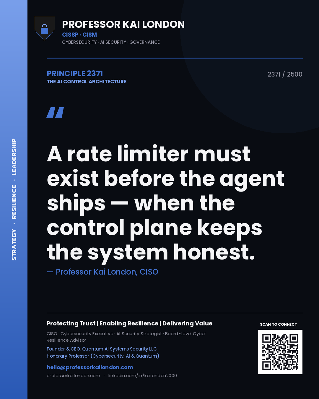 Quote card by Professor Kai London reading 'A rate limiter must exist before the agent ships — when the control plane keeps the system honest.'. From the book The AI Control Architecture.