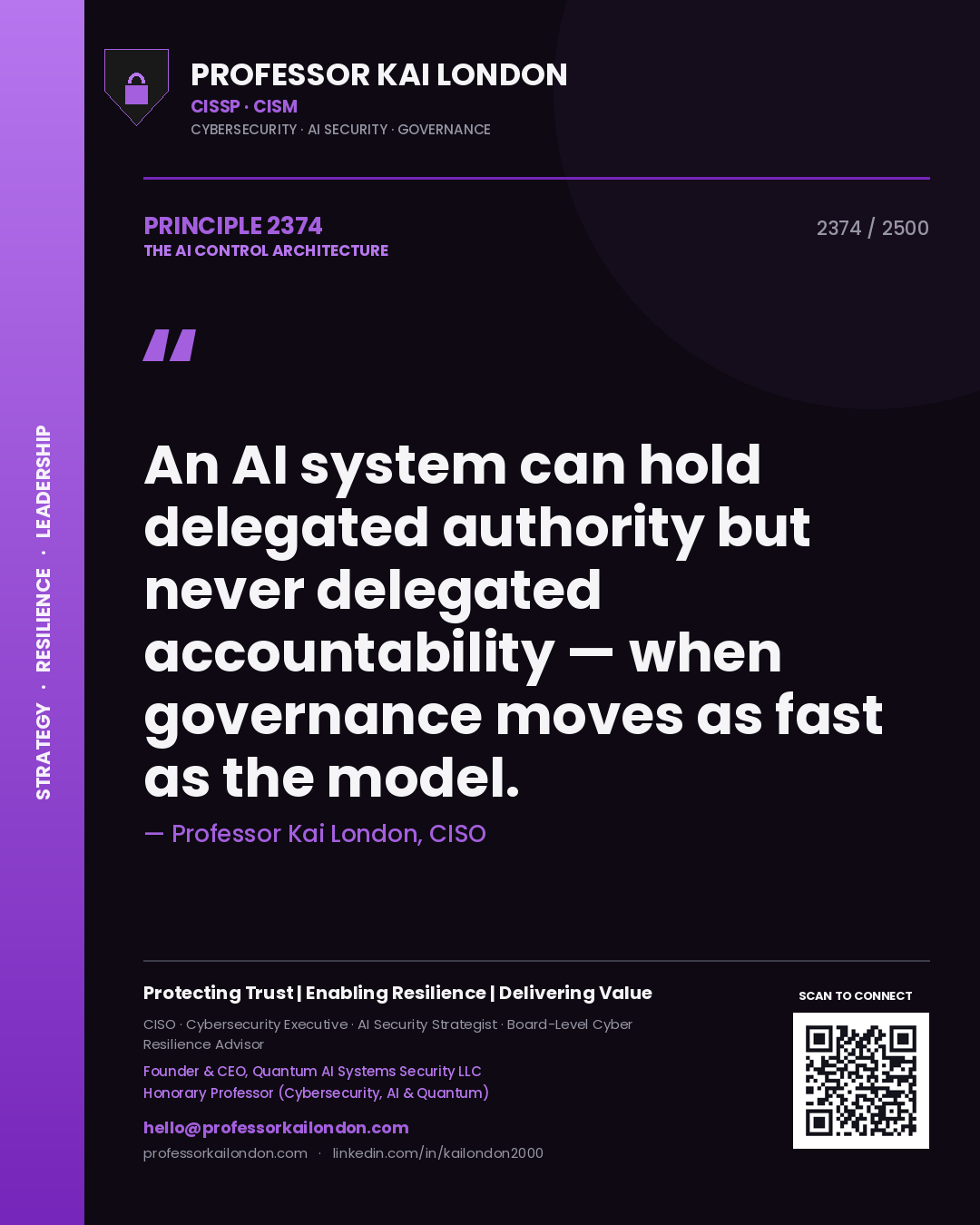 Quote card by Professor Kai London reading 'An AI system can hold delegated authority but never delegated accountability — when governance moves as fast as the model.'. From the book The AI Control Architecture.