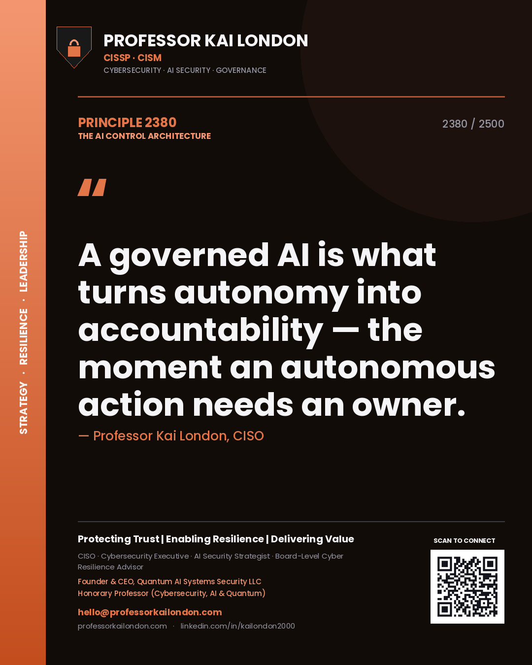 Quote card by Professor Kai London reading 'A governed AI is what turns autonomy into accountability — the moment an autonomous action needs an owner.'. From the book The AI Control Architecture.