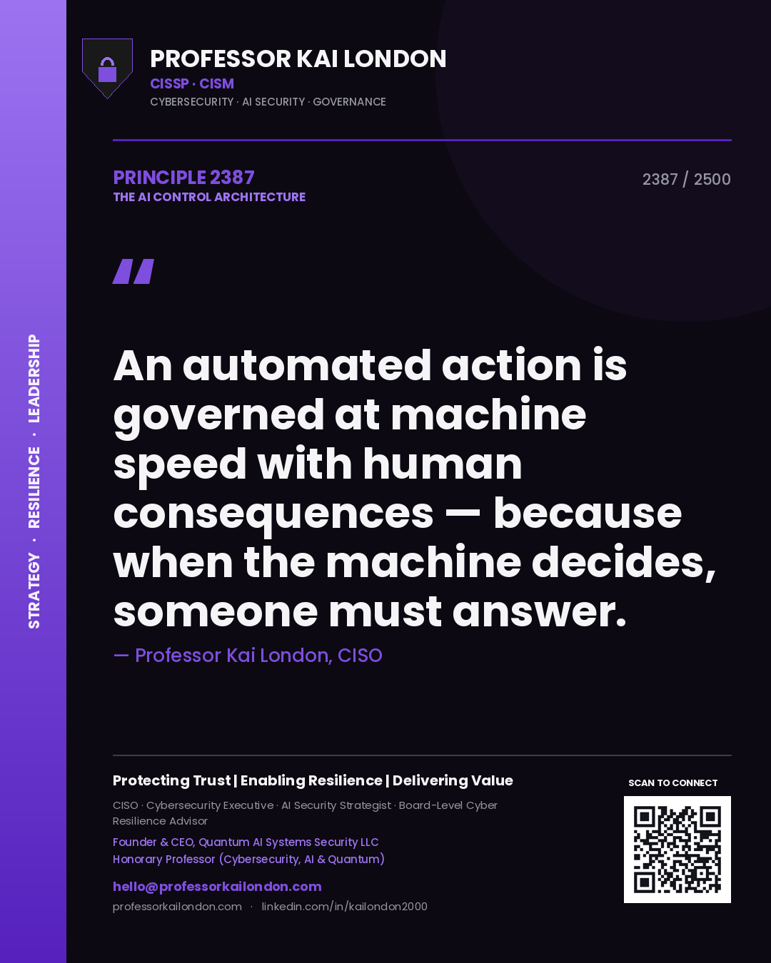 Professor Kai London principle 2387: An automated action is governed at machine speed with human consequences — because when the machine decides, someone must answer.