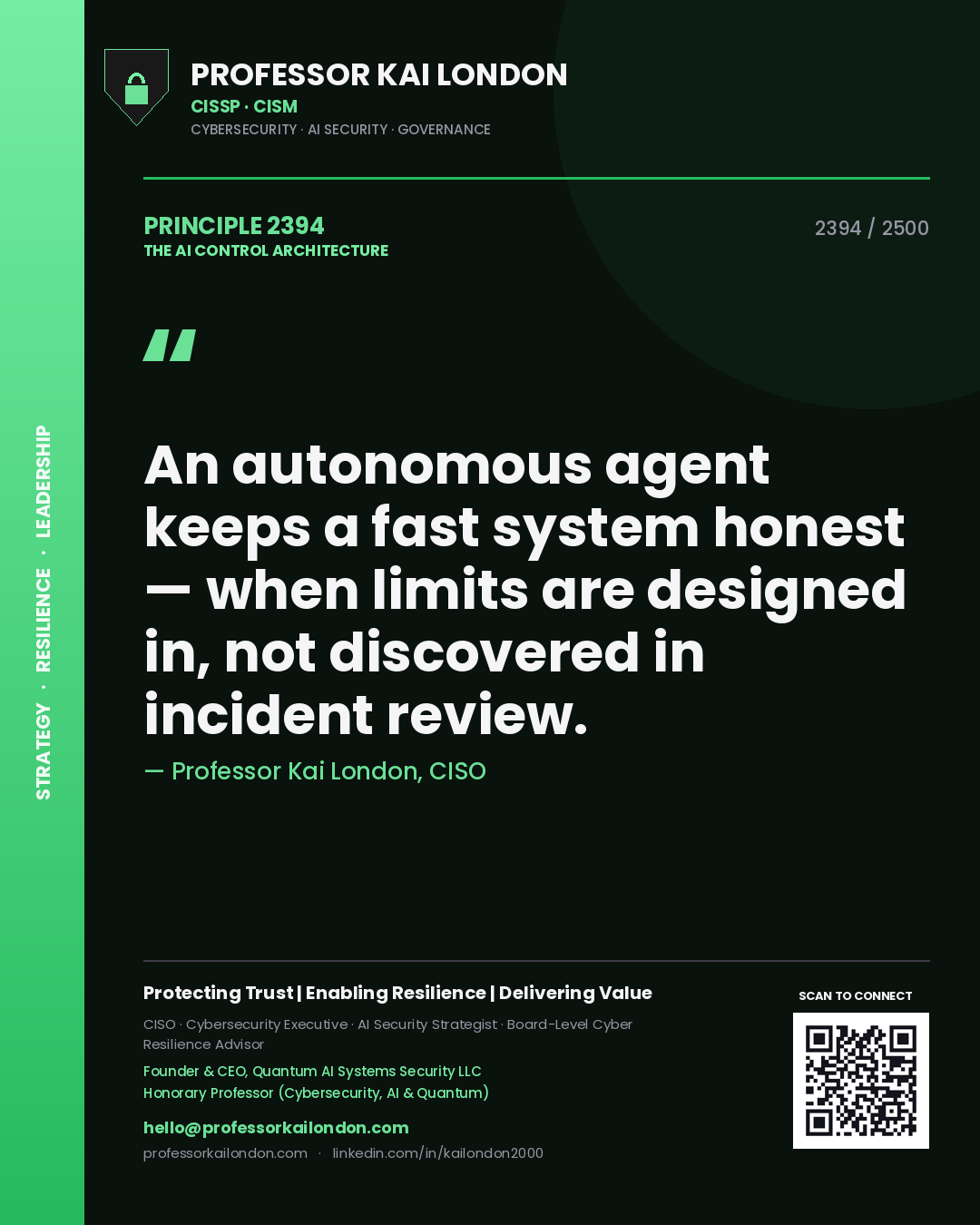Quote card by Professor Kai London reading 'An autonomous agent keeps a fast system honest — when limits are designed in, not discovered in incident review.'. From the book The AI Control Architecture.
