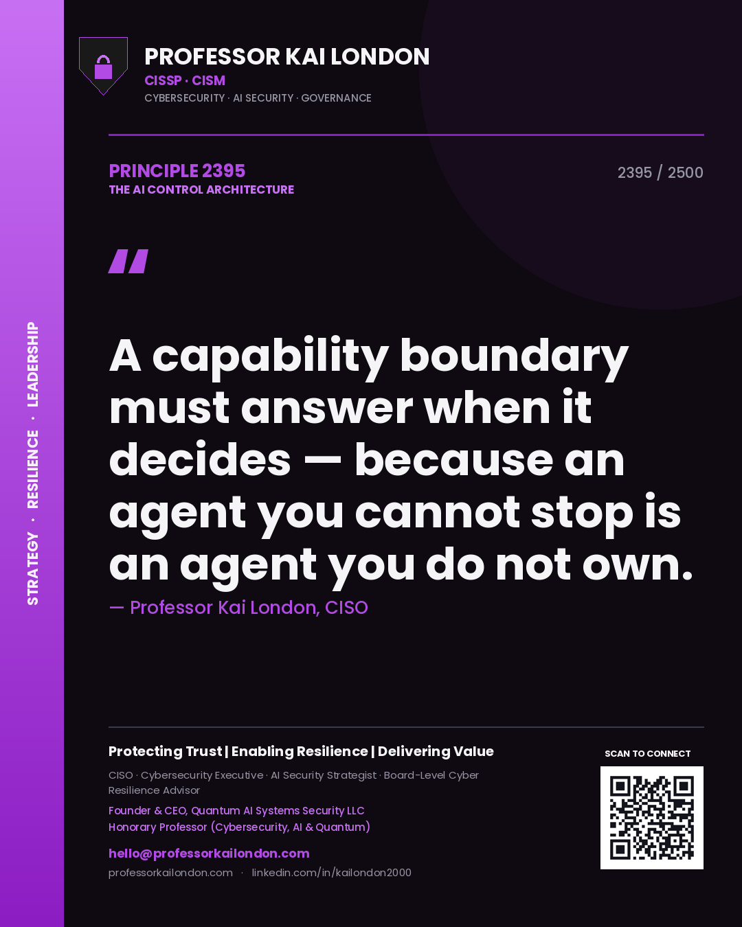Quote card by Professor Kai London reading 'A capability boundary must answer when it decides — because an agent you cannot stop is an agent you do not own.'. From the book The AI Control Architecture.