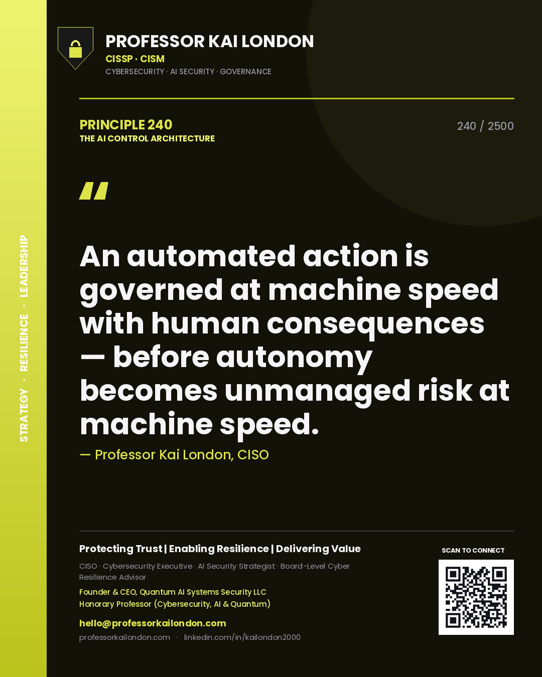 Quote card by Professor Kai London reading 'An automated action is governed at machine speed with human consequences — before autonomy becomes unmanaged risk at machine speed.'. From the book The AI Control Architecture.