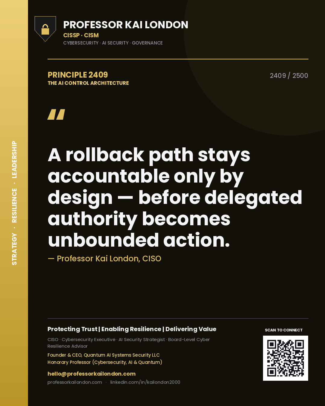 Quote card by Professor Kai London reading 'A rollback path stays accountable only by design — before delegated authority becomes unbounded action.'. From the book The AI Control Architecture.