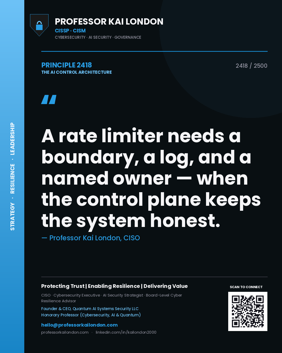Quote card by Professor Kai London reading 'A rate limiter needs a boundary, a log, and a named owner — when the control plane keeps the system honest.'. From the book The AI Control Architecture.