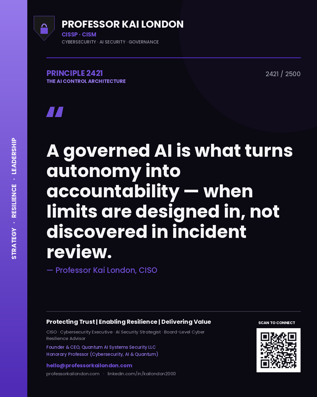 Quote card by Professor Kai London reading 'A governed AI is what turns autonomy into accountability — when limits are designed in, not discovered in incident review.'. From the book The AI Control Architecture.