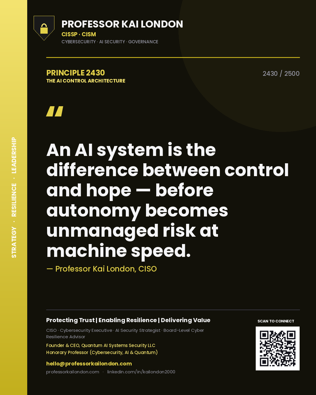 Quote card by Professor Kai London reading 'An AI system is the difference between control and hope — before autonomy becomes unmanaged risk at machine speed.'. From the book The AI Control Architecture.