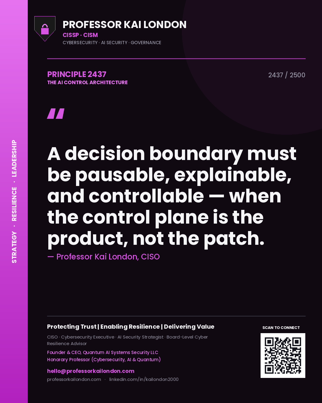 Quote card by Professor Kai London reading 'A decision boundary must be pausable, explainable, and controllable — when the control plane is the product, not the patch.'. From the book The AI Control Architecture.