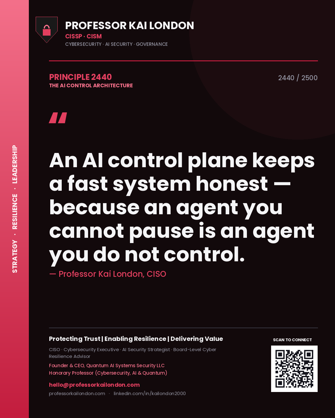 Quote card by Professor Kai London reading 'An AI control plane keeps a fast system honest — because an agent you cannot pause is an agent you do not control.'. From the book The AI Control Architecture.