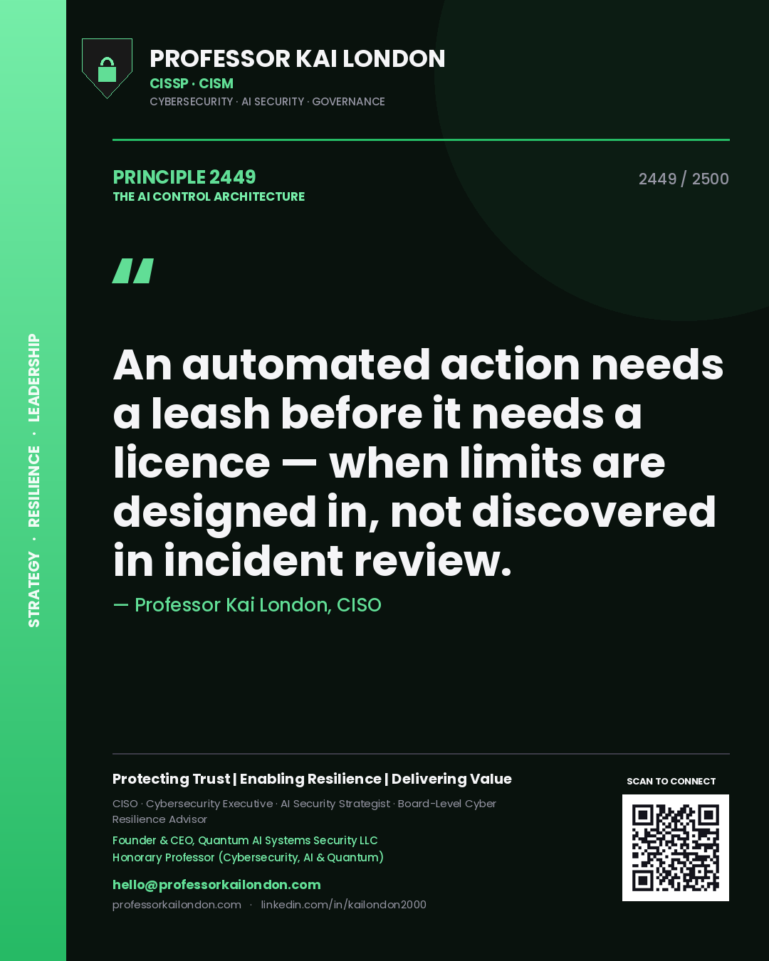 Quote card by Professor Kai London reading 'An automated action needs a leash before it needs a licence — when limits are designed in, not discovered in incident review.'. From the book The AI Control Architecture.