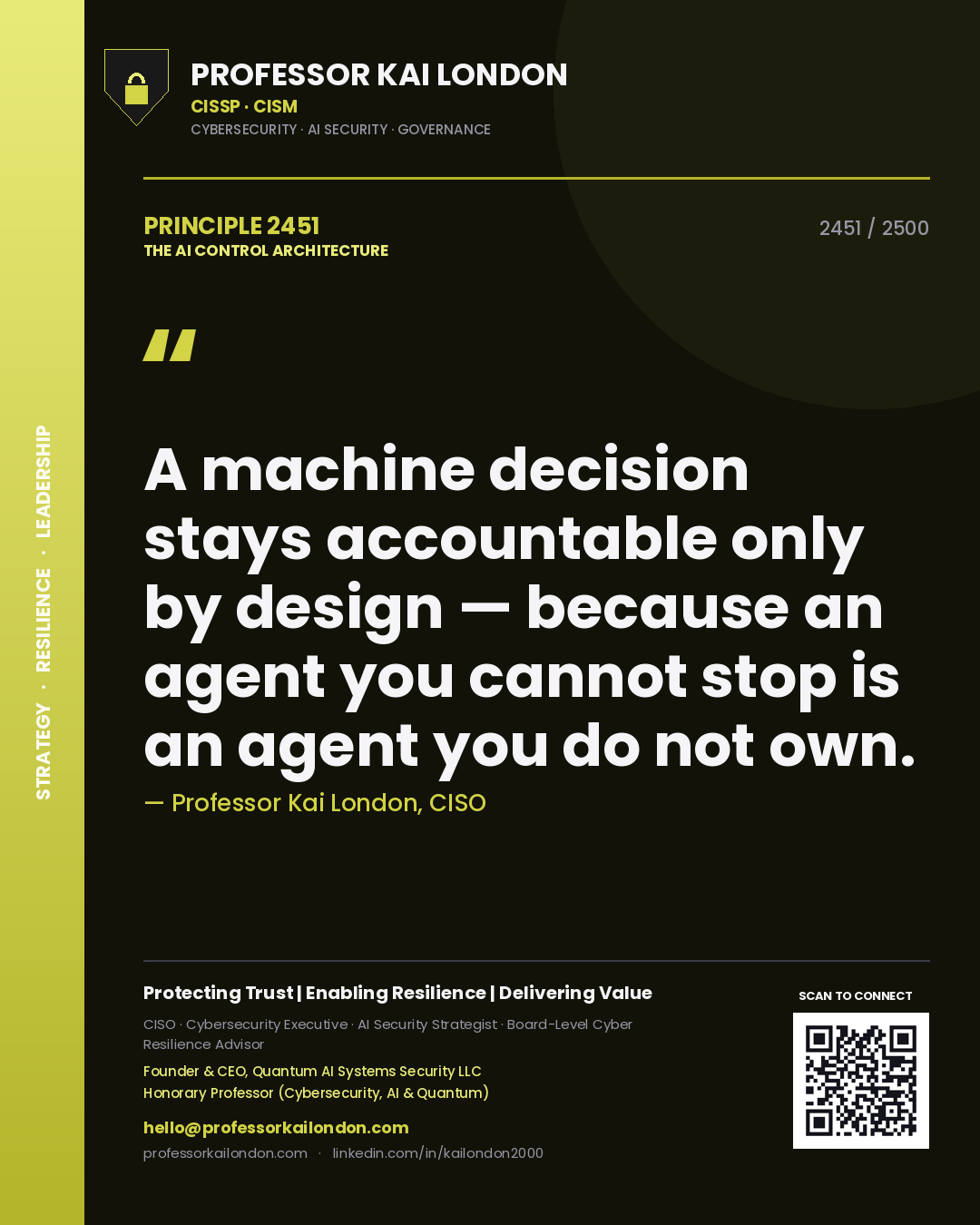 Quote card by Professor Kai London reading 'A machine decision stays accountable only by design — because an agent you cannot stop is an agent you do not own.'. From the book The AI Control Architecture.