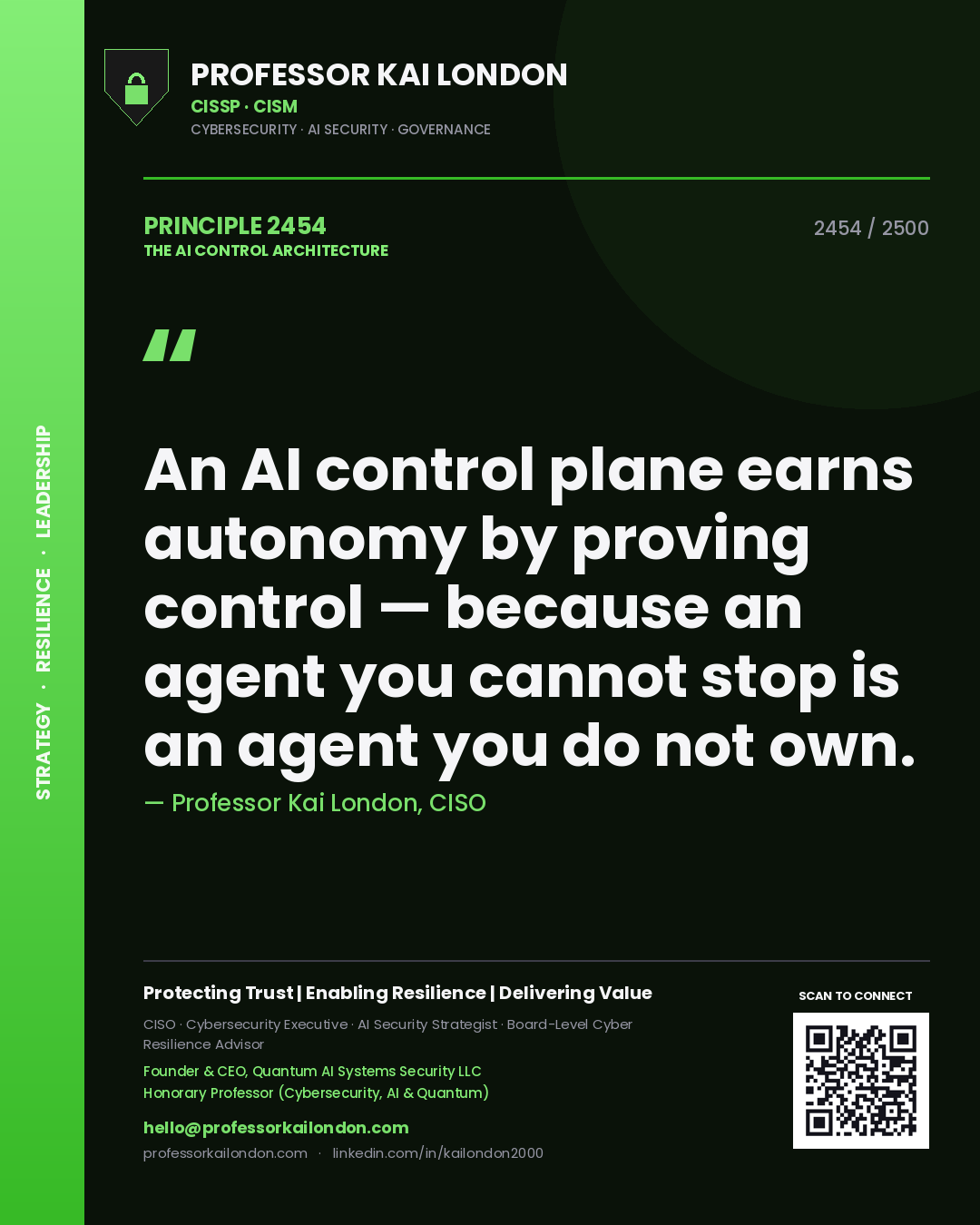 Quote card by Professor Kai London reading 'An AI control plane earns autonomy by proving control — because an agent you cannot stop is an agent you do not own.'. From the book The AI Control Architecture.