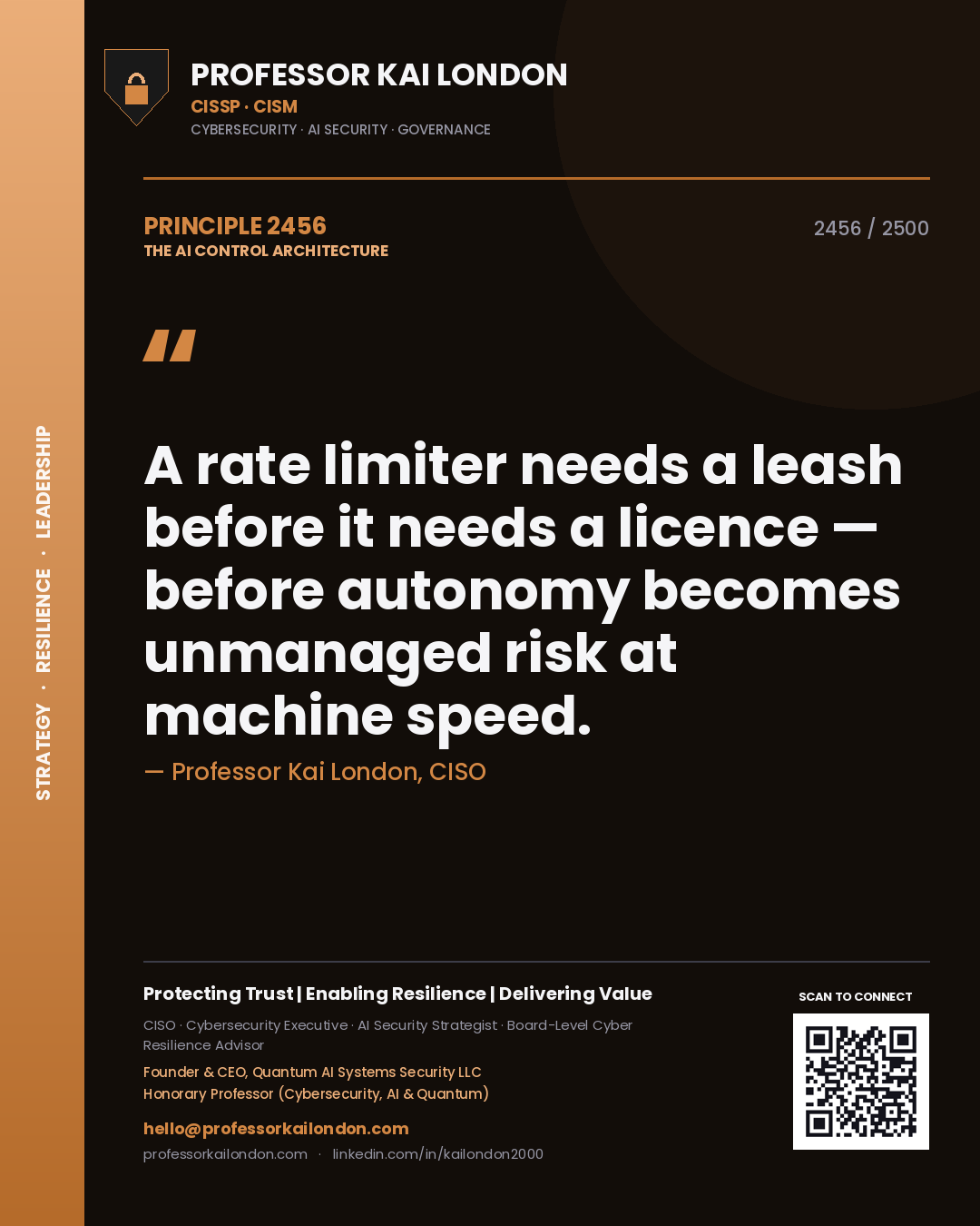 Professor Kai London principle 2456: A rate limiter needs a leash before it needs a licence — before autonomy becomes unmanaged risk at machine speed.