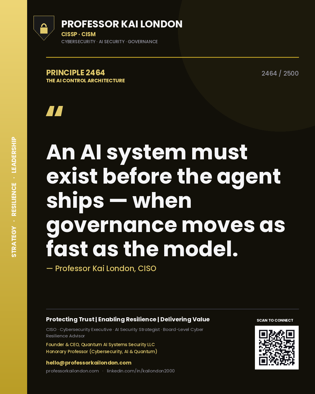 Quote card by Professor Kai London reading 'An AI system must exist before the agent ships — when governance moves as fast as the model.'. From the book The AI Control Architecture.