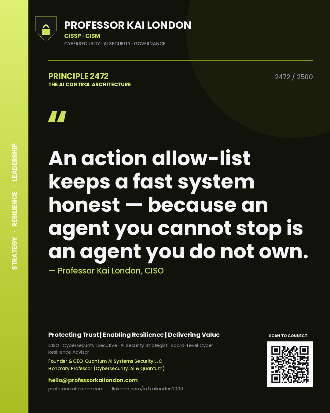 Quote card by Professor Kai London reading 'An action allow-list keeps a fast system honest — because an agent you cannot stop is an agent you do not own.'. From the book The AI Control Architecture.