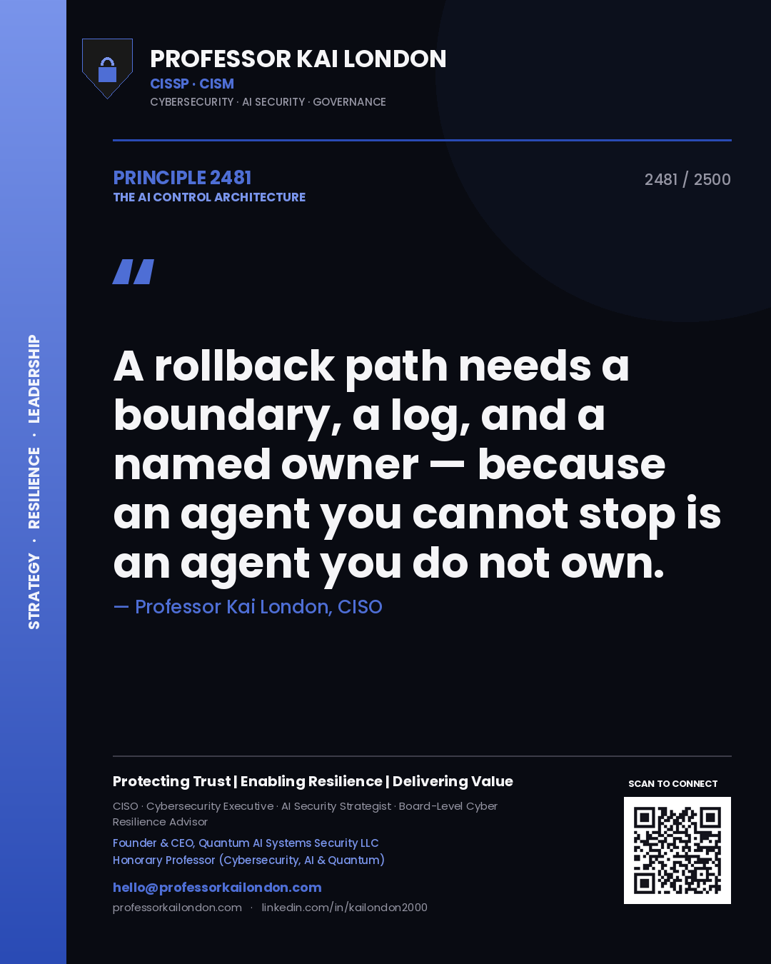Quote card by Professor Kai London reading 'A rollback path needs a boundary, a log, and a named owner — because an agent you cannot stop is an agent you do not own.'. From the book The AI Control Architecture.