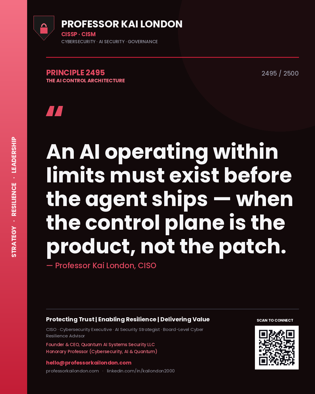 Quote card by Professor Kai London reading 'An AI operating within limits must exist before the agent ships — when the control plane is the product, not the patch.'. From the book The AI Control Architecture.
