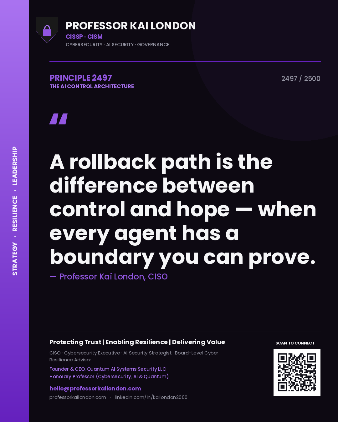 Quote card by Professor Kai London reading 'A rollback path is the difference between control and hope — when every agent has a boundary you can prove.'. From the book The AI Control Architecture.
