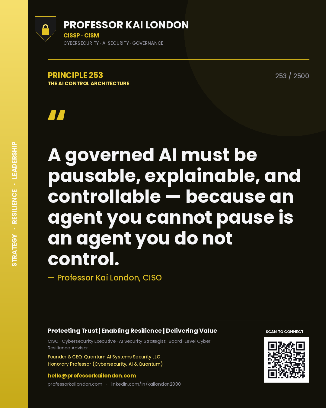 Quote card by Professor Kai London reading 'A governed AI must be pausable, explainable, and controllable — because an agent you cannot pause is an agent you do not control.'. From the book The AI Control Architecture.