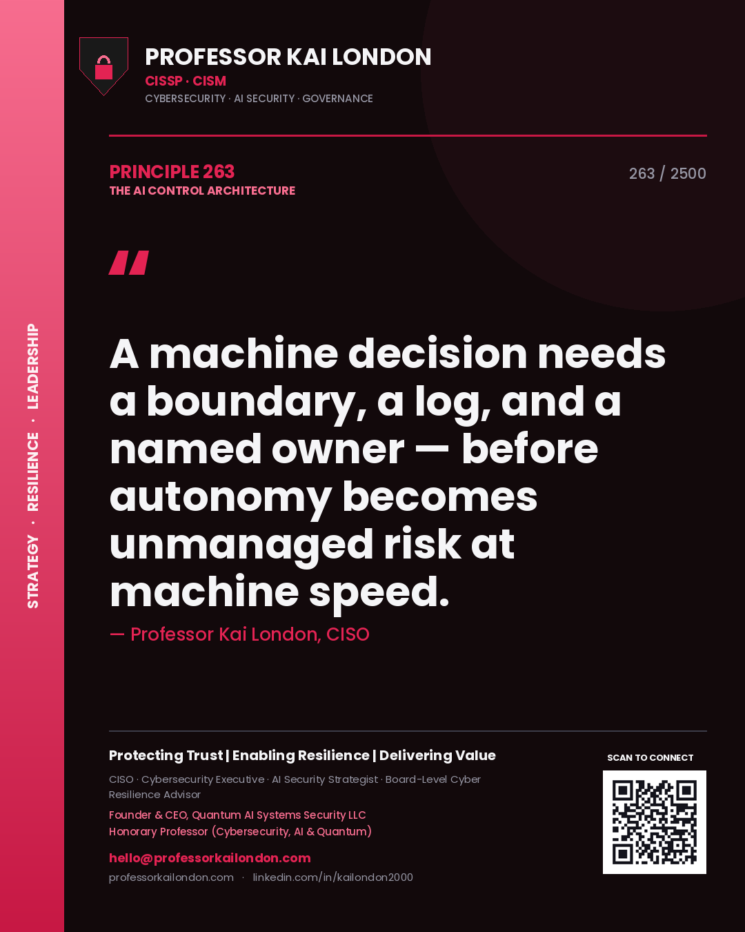 Quote card by Professor Kai London reading 'A machine decision needs a boundary, a log, and a named owner — before autonomy becomes unmanaged risk at machine speed.'. From the book The AI Control Architecture.