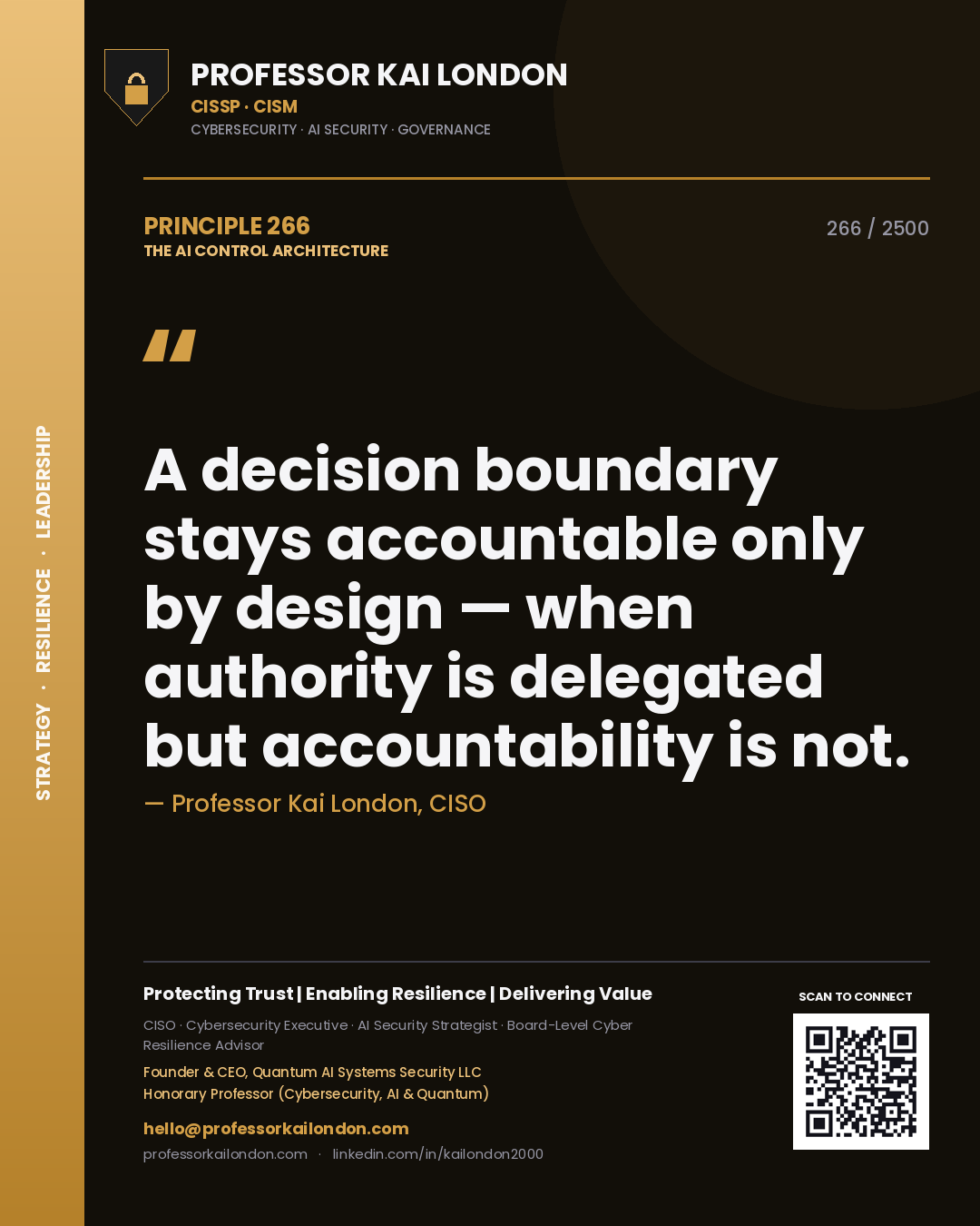 Quote card by Professor Kai London reading 'A decision boundary stays accountable only by design — when authority is delegated but accountability is not.'. From the book The AI Control Architecture.